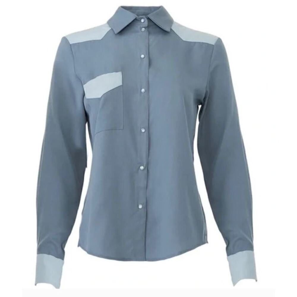 Sabina Musayev Gade Shirt Pearl Snap Button Down Top Gray Blue Colorblock Medium